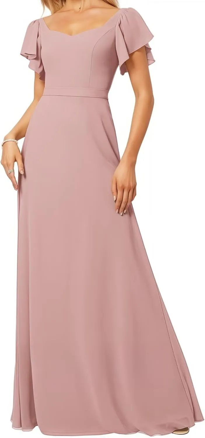 Women's Bridesmaid Dresses V Neck Short Sleeve for Wedding Ruffled Long Chiffon Evening Formal Party Gowns