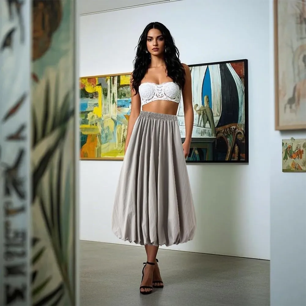 Women's Bubble Long Skirt, Elastic Waist A-Line Long Pleated Puffy Hem Y2k Casual Summer Skirts