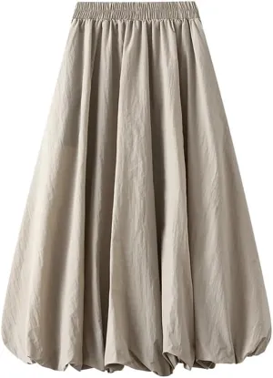 Women's Bubble Long Skirt, Elastic Waist A-Line Long Pleated Puffy Hem Y2k Casual Summer Skirts