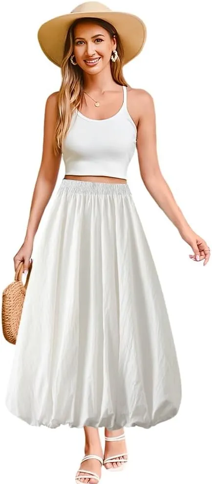 Women's Bubble Long Skirt, Elastic Waist A-Line Long Pleated Puffy Hem Y2k Casual Summer Skirts