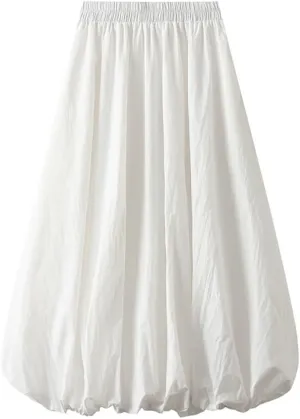 Women's Bubble Long Skirt, Elastic Waist A-Line Long Pleated Puffy Hem Y2k Casual Summer Skirts