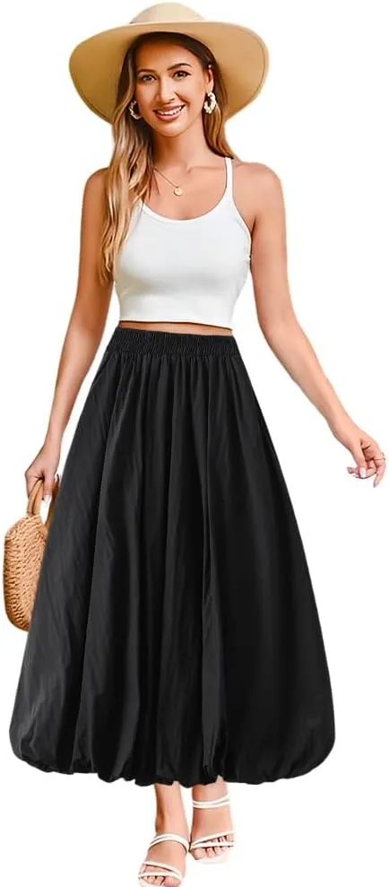 Women's Bubble Long Skirt, Elastic Waist A-Line Long Pleated Puffy Hem Y2k Casual Summer Skirts