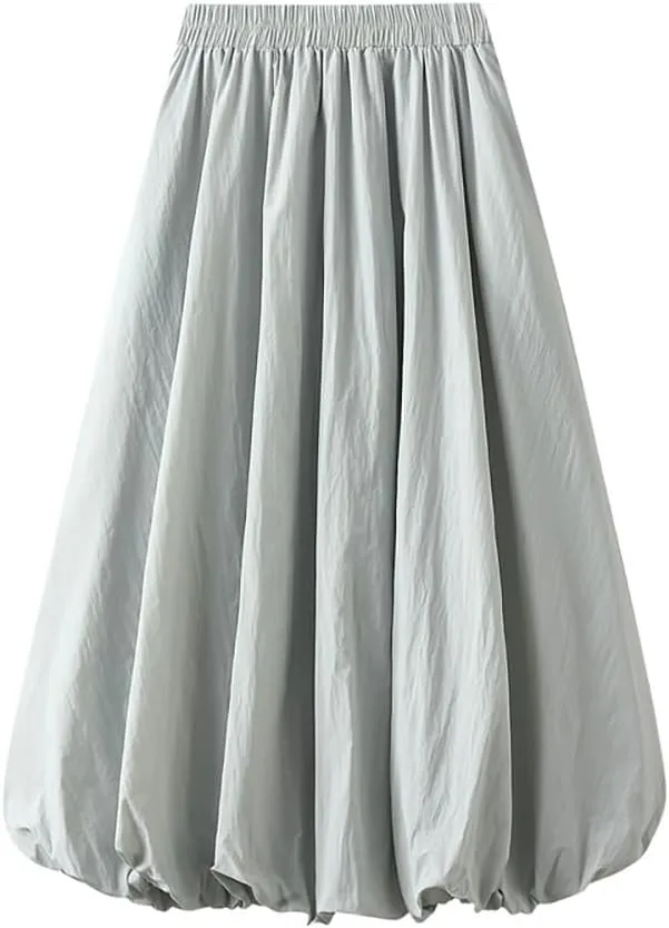 Women's Bubble Long Skirt, Elastic Waist A-Line Long Pleated Puffy Hem Y2k Casual Summer Skirts