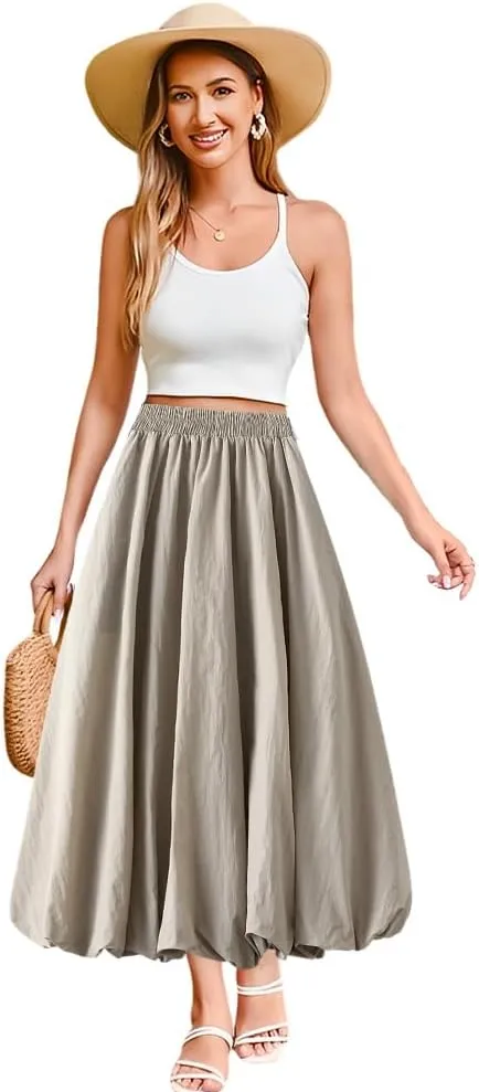 Women's Bubble Long Skirt, Elastic Waist A-Line Long Pleated Puffy Hem Y2k Casual Summer Skirts