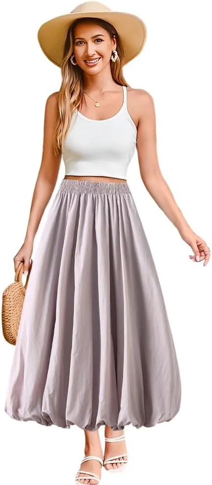 Women's Bubble Long Skirt, Elastic Waist A-Line Long Pleated Puffy Hem Y2k Casual Summer Skirts