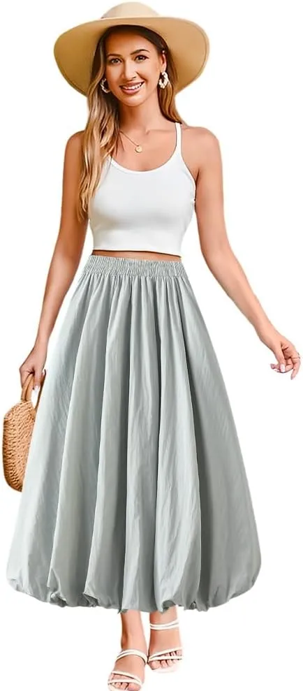 Women's Bubble Long Skirt, Elastic Waist A-Line Long Pleated Puffy Hem Y2k Casual Summer Skirts