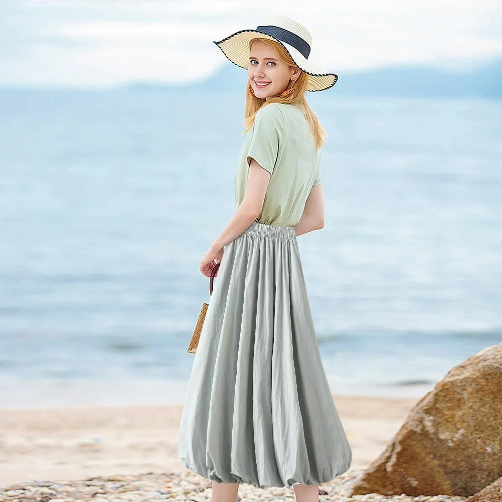 Women's Bubble Long Skirt, Elastic Waist A-Line Long Pleated Puffy Hem Y2k Casual Summer Skirts
