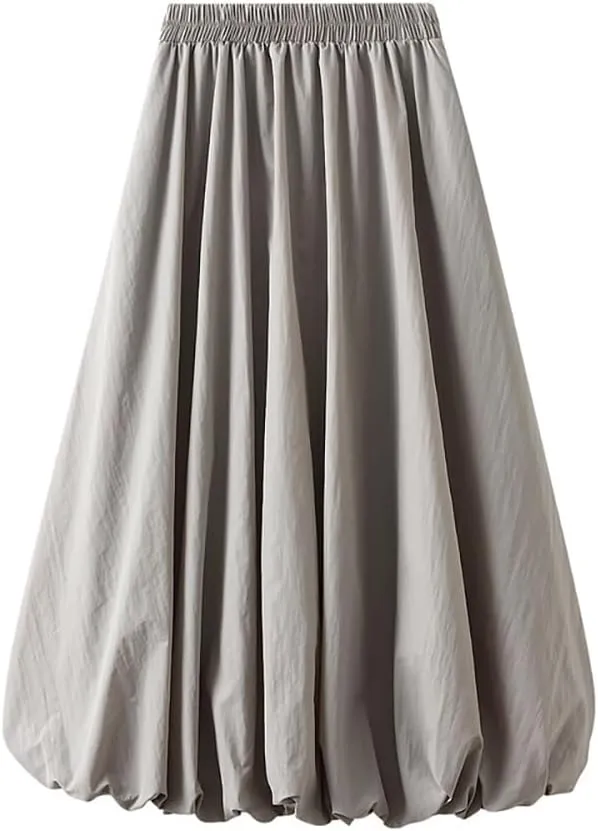 Women's Bubble Long Skirt, Elastic Waist A-Line Long Pleated Puffy Hem Y2k Casual Summer Skirts