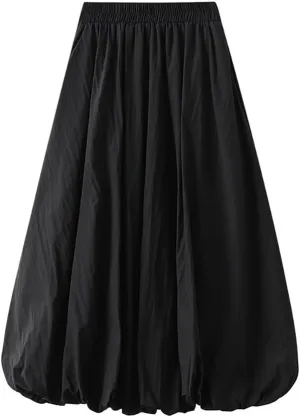 Women's Bubble Long Skirt, Elastic Waist A-Line Long Pleated Puffy Hem Y2k Casual Summer Skirts