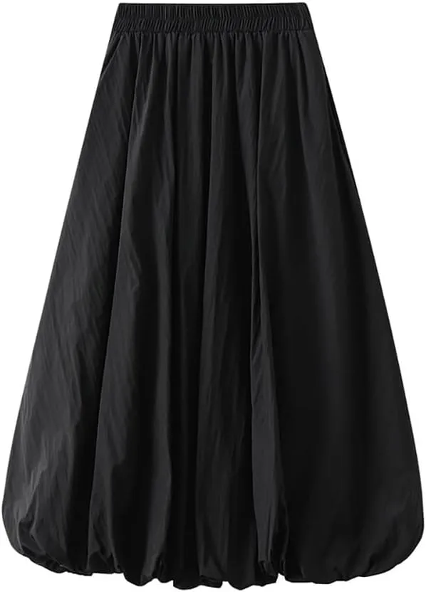 Women's Bubble Long Skirt, Elastic Waist A-Line Long Pleated Puffy Hem Y2k Casual Summer Skirts