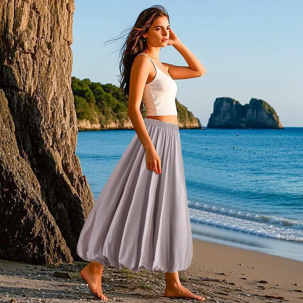 Women's Bubble Long Skirt, Elastic Waist A-Line Long Pleated Puffy Hem Y2k Casual Summer Skirts