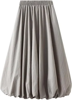 Women's Bubble Long Skirt, Elastic Waist A-Line Long Pleated Puffy Hem Y2k Casual Summer Skirts