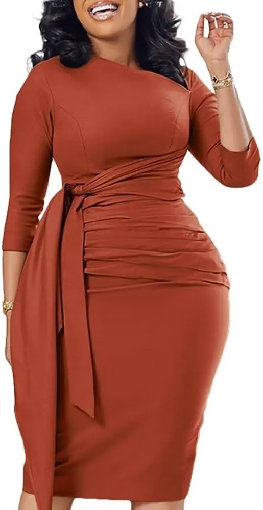 Women's Business Retro Ruffles 3/4 Sleeve Vintage Bodycon Peplum Formal Work Pencil Dress