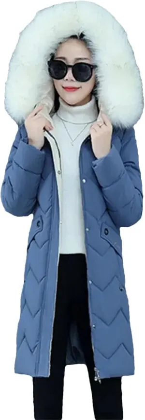 Women's Casual Down Jacket Hooded Warm Parker Coat with Hood and Pile Collar Cotton-Padded Parka Blue