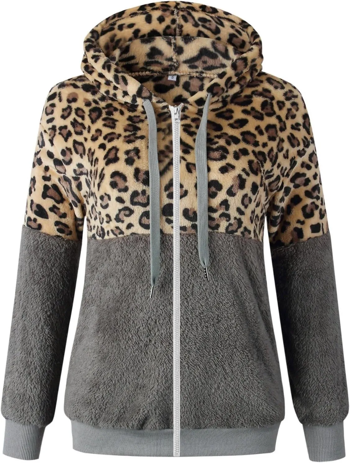 Women's Casual Fuzzy Hoodies Faux Fleece Zip Up Leopard Jackets Drawstring Hooded Sherpa Sweatshirt Fall Trendy Outwear