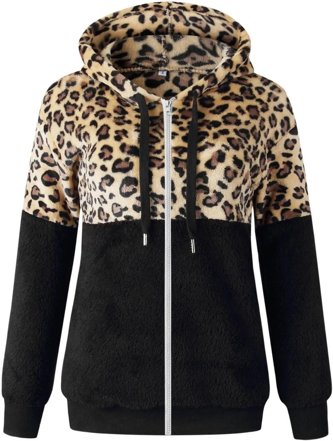 Women's Casual Fuzzy Hoodies Faux Fleece Zip Up Leopard Jackets Drawstring Hooded Sherpa Sweatshirt Fall Trendy Outwear