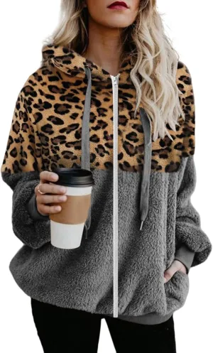 Women's Casual Fuzzy Hoodies Faux Fleece Zip Up Leopard Jackets Drawstring Hooded Sherpa Sweatshirt Fall Trendy Outwear
