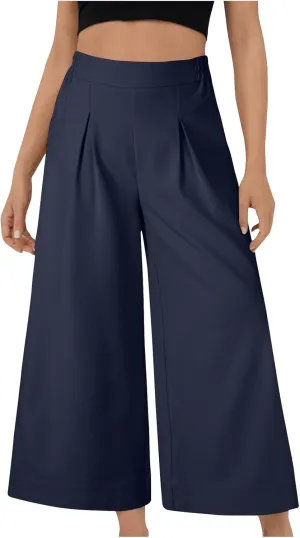 Women's Casual Linen Palazzo Dress Pants High Waisted Wide Leg Beach Trousers Office Work Suit Pants Summer Culottes