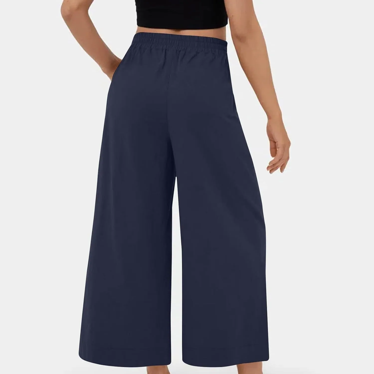 Women's Casual Linen Palazzo Dress Pants High Waisted Wide Leg Beach Trousers Office Work Suit Pants Summer Culottes