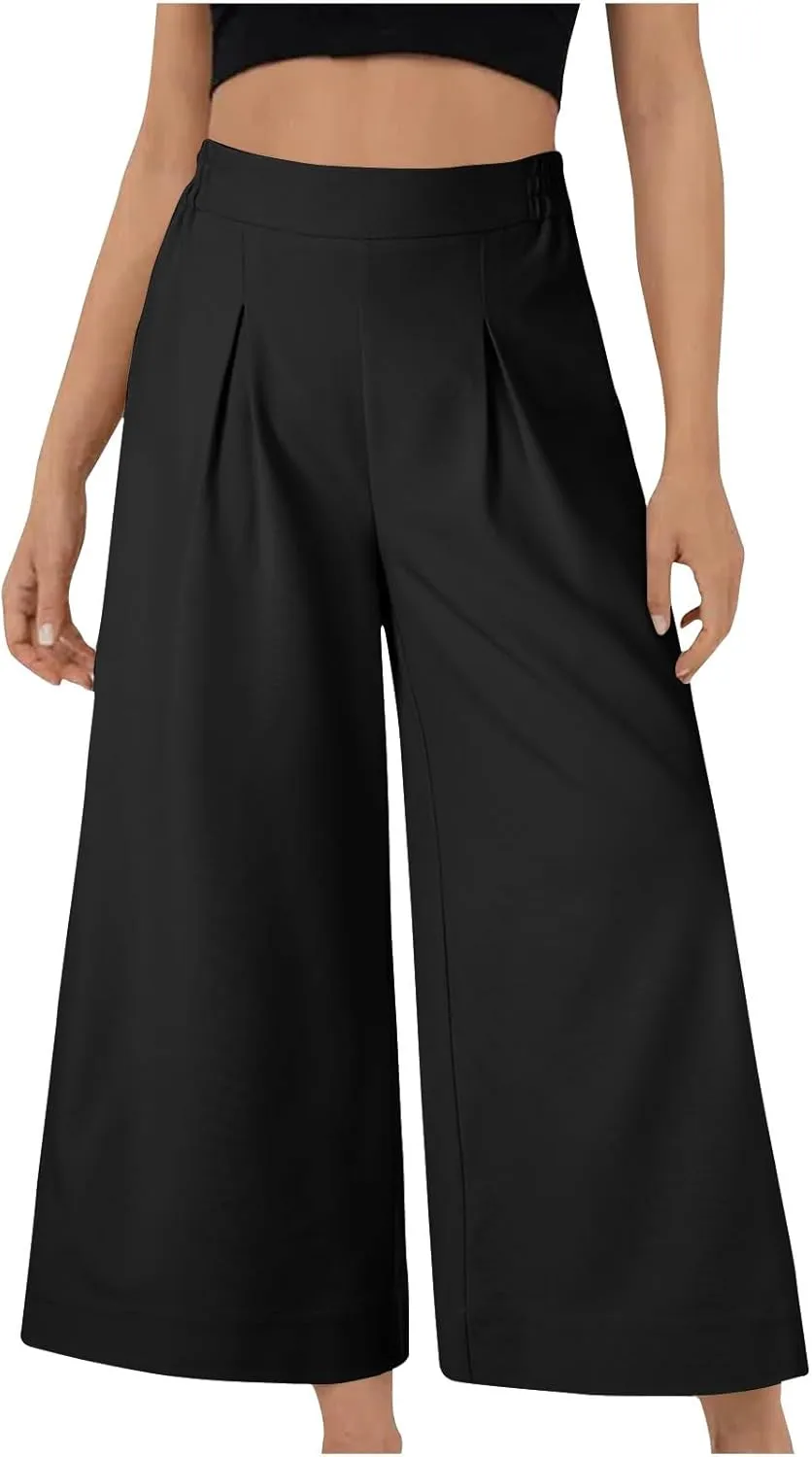 Women's Casual Linen Palazzo Dress Pants High Waisted Wide Leg Beach Trousers Office Work Suit Pants Summer Culottes
