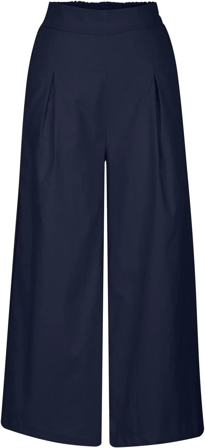 Women's Casual Linen Palazzo Dress Pants High Waisted Wide Leg Beach Trousers Office Work Suit Pants Summer Culottes