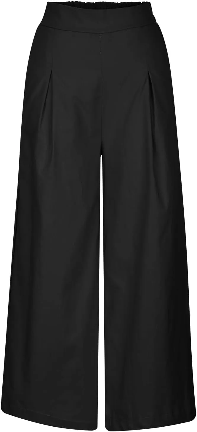 Women's Casual Linen Palazzo Dress Pants High Waisted Wide Leg Beach Trousers Office Work Suit Pants Summer Culottes