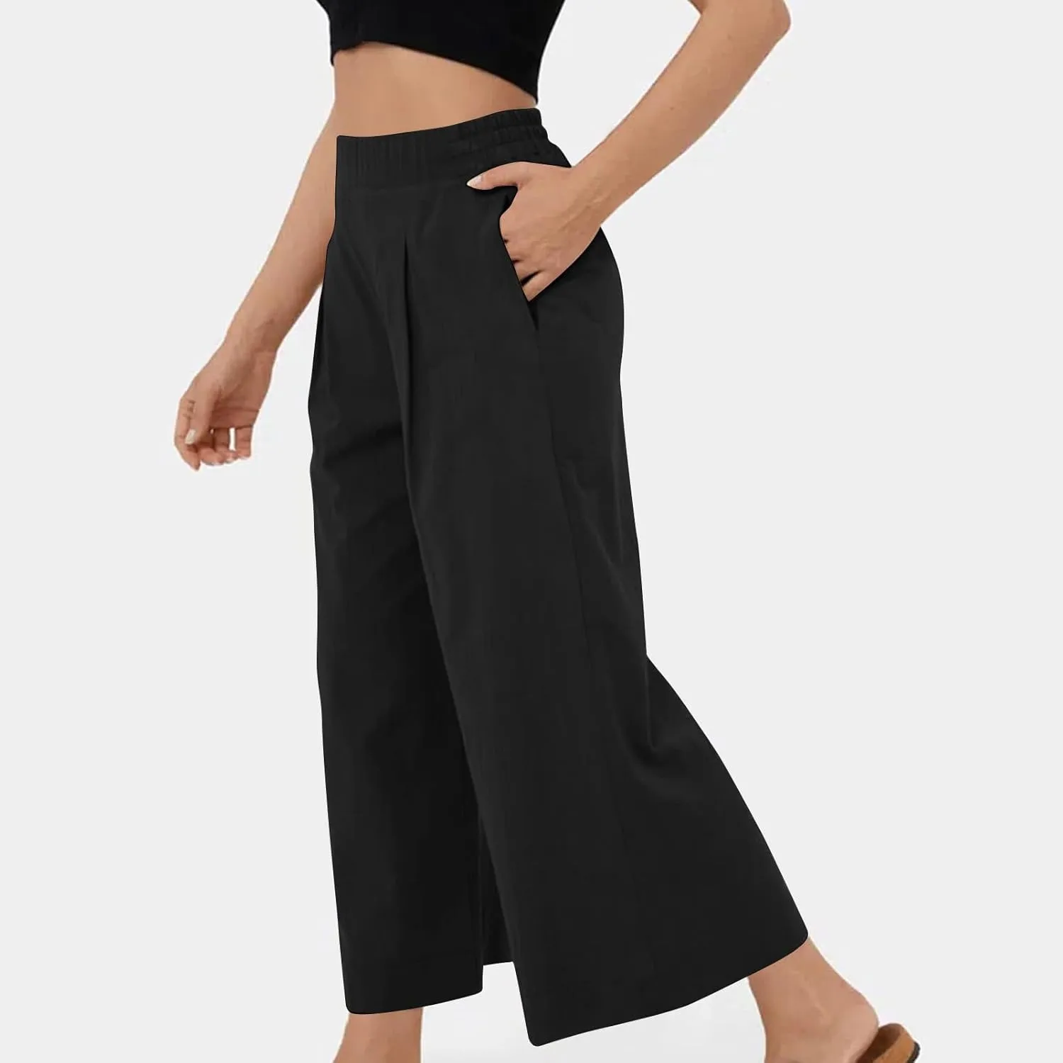 Women's Casual Linen Palazzo Dress Pants High Waisted Wide Leg Beach Trousers Office Work Suit Pants Summer Culottes