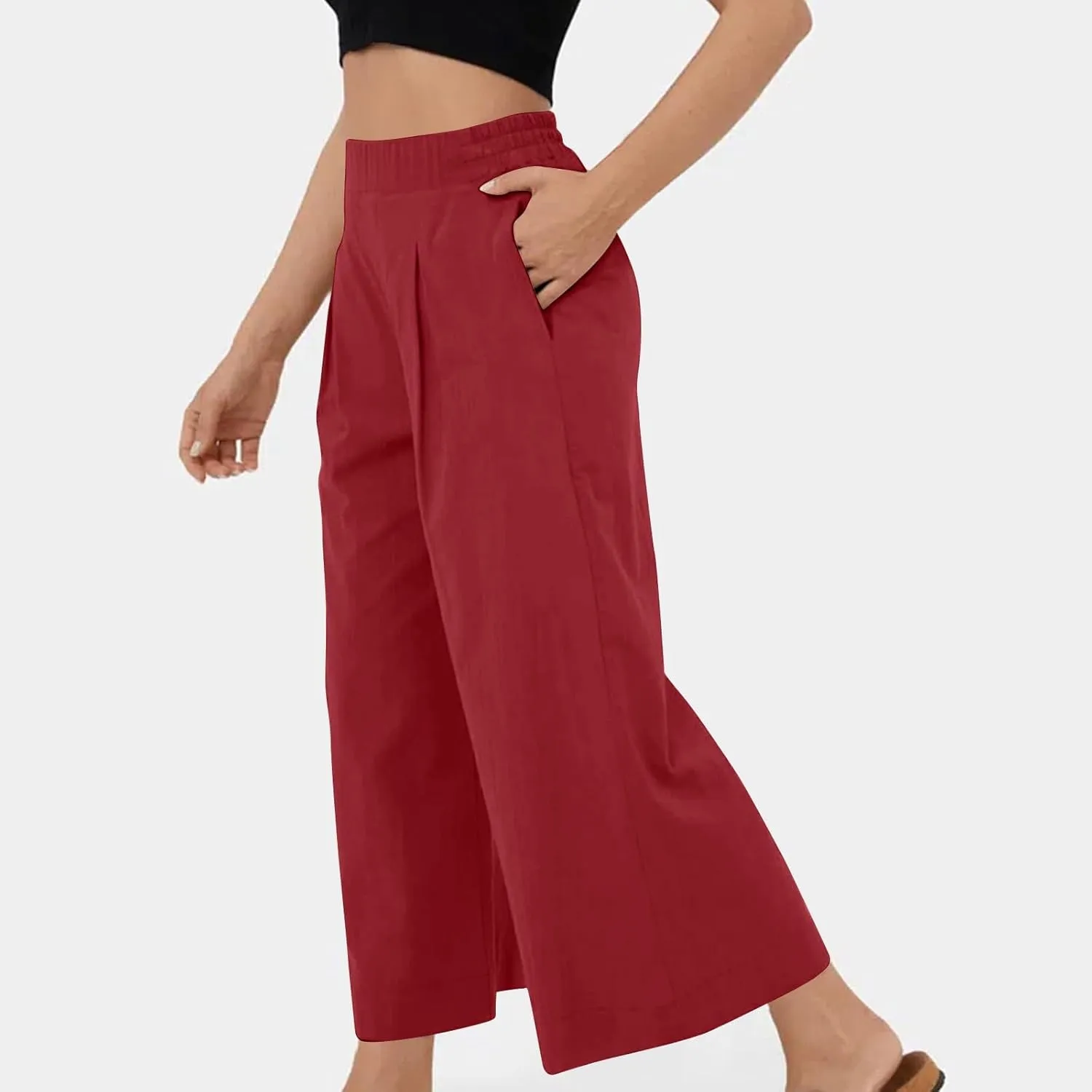 Women's Casual Linen Palazzo Dress Pants High Waisted Wide Leg Beach Trousers Office Work Suit Pants Summer Culottes