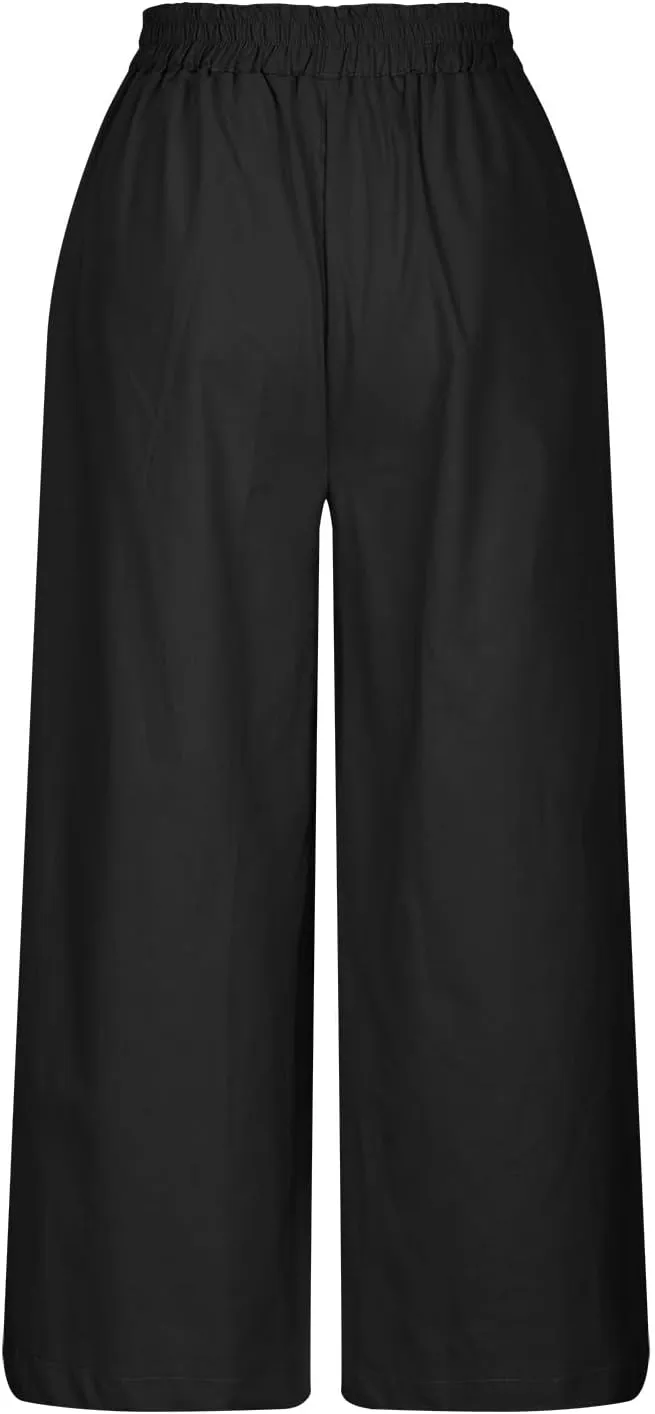 Women's Casual Linen Palazzo Dress Pants High Waisted Wide Leg Beach Trousers Office Work Suit Pants Summer Culottes