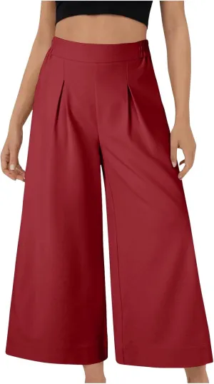 Women's Casual Linen Palazzo Dress Pants High Waisted Wide Leg Beach Trousers Office Work Suit Pants Summer Culottes