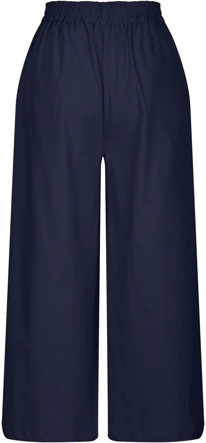 Women's Casual Linen Palazzo Dress Pants High Waisted Wide Leg Beach Trousers Office Work Suit Pants Summer Culottes