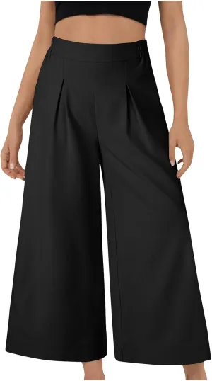 Women's Casual Linen Palazzo Dress Pants High Waisted Wide Leg Beach Trousers Office Work Suit Pants Summer Culottes