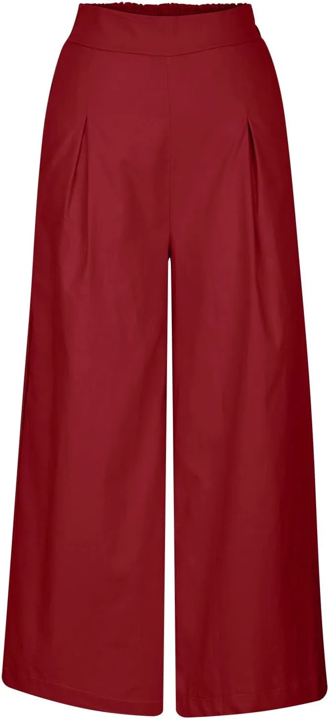 Women's Casual Linen Palazzo Dress Pants High Waisted Wide Leg Beach Trousers Office Work Suit Pants Summer Culottes