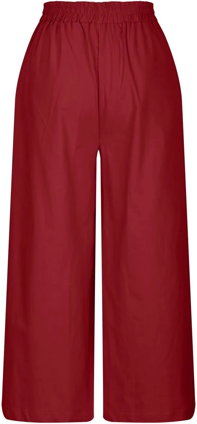 Women's Casual Linen Palazzo Dress Pants High Waisted Wide Leg Beach Trousers Office Work Suit Pants Summer Culottes