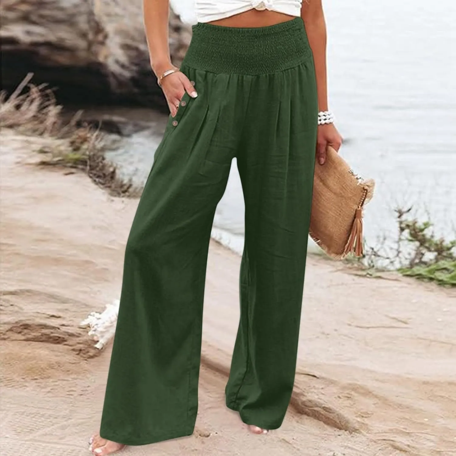 Women's Casual Linen Palazzo Pants Smocked Elastic Waist Summer Boho Wide Leg Long Flowy Lounge Trousers with Pockets