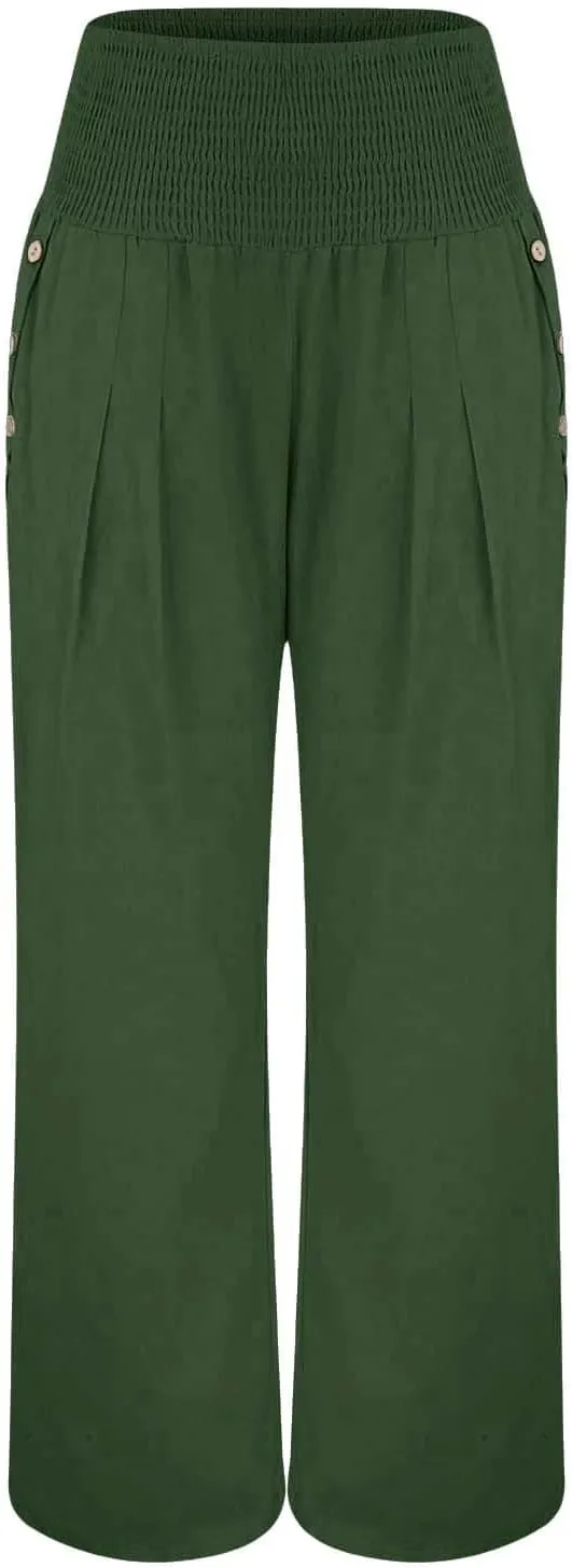 Women's Casual Linen Palazzo Pants Smocked Elastic Waist Summer Boho Wide Leg Long Flowy Lounge Trousers with Pockets