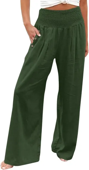 Women's Casual Linen Palazzo Pants Smocked Elastic Waist Summer Boho Wide Leg Long Flowy Lounge Trousers with Pockets
