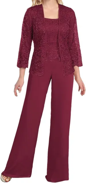 Women's Chiffon Lace Mother of The Bride Pants Suits 3 Pieces Evening Formal Dress Outfit Prom Wedding Party Gowns
