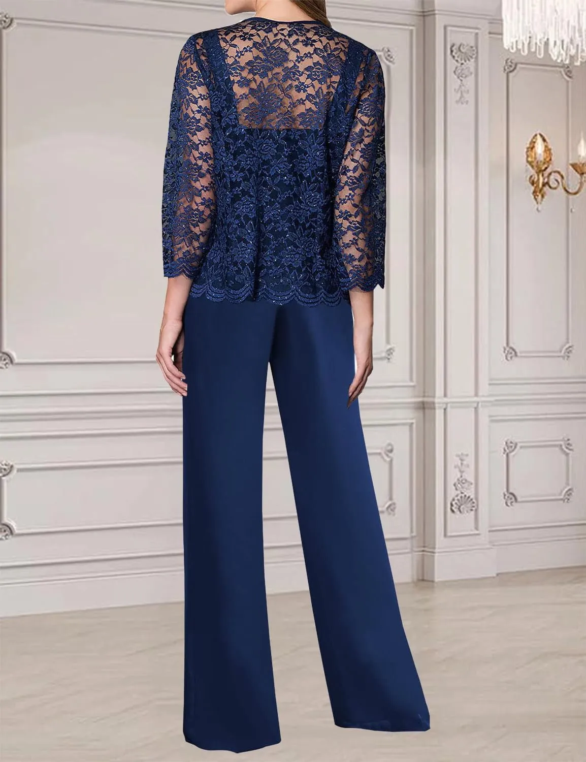 Women's Chiffon Lace Mother of The Bride Pants Suits 3 Pieces Evening Formal Dress Outfit Prom Wedding Party Gowns