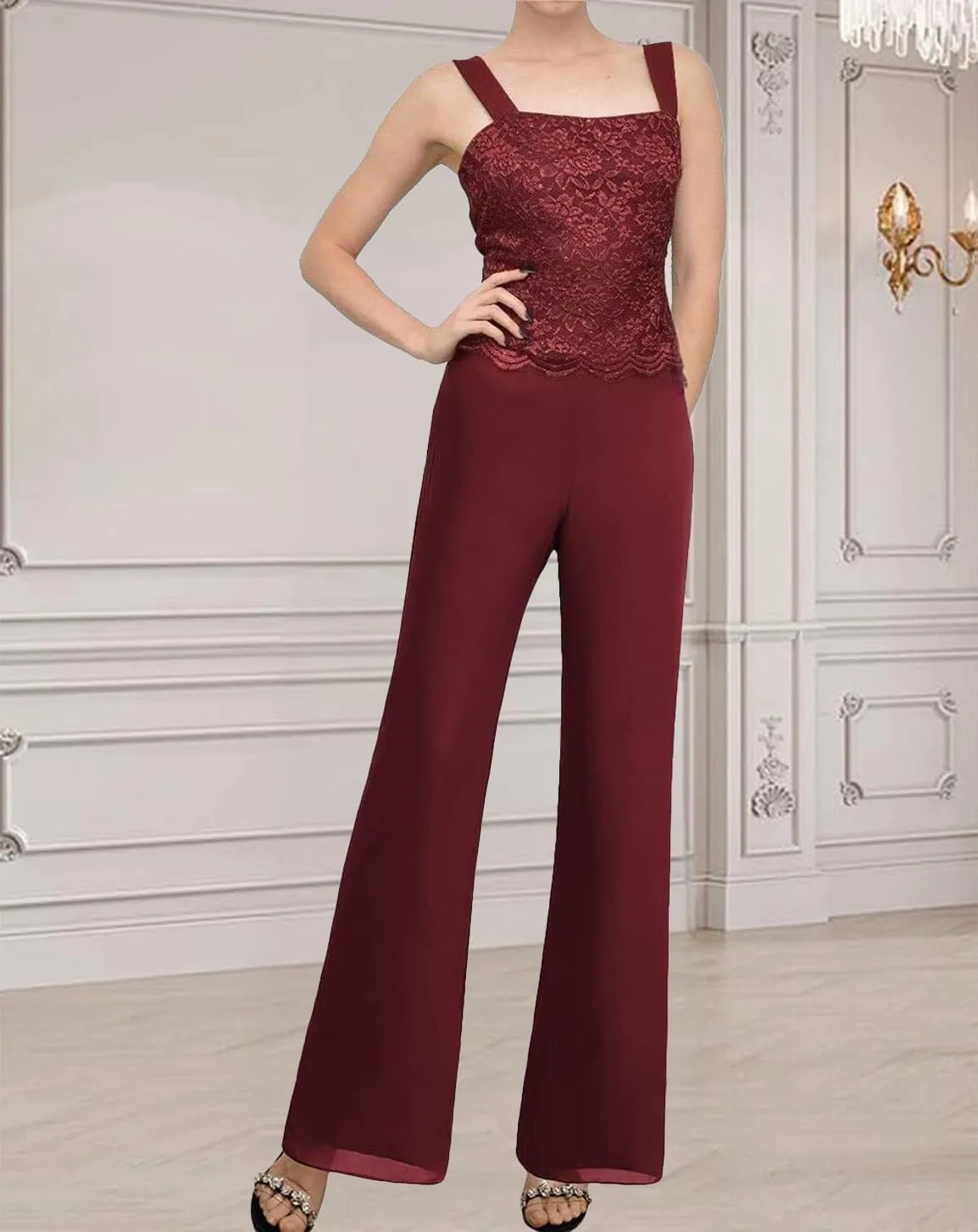 Women's Chiffon Lace Mother of The Bride Pants Suits 3 Pieces Evening Formal Dress Outfit Prom Wedding Party Gowns