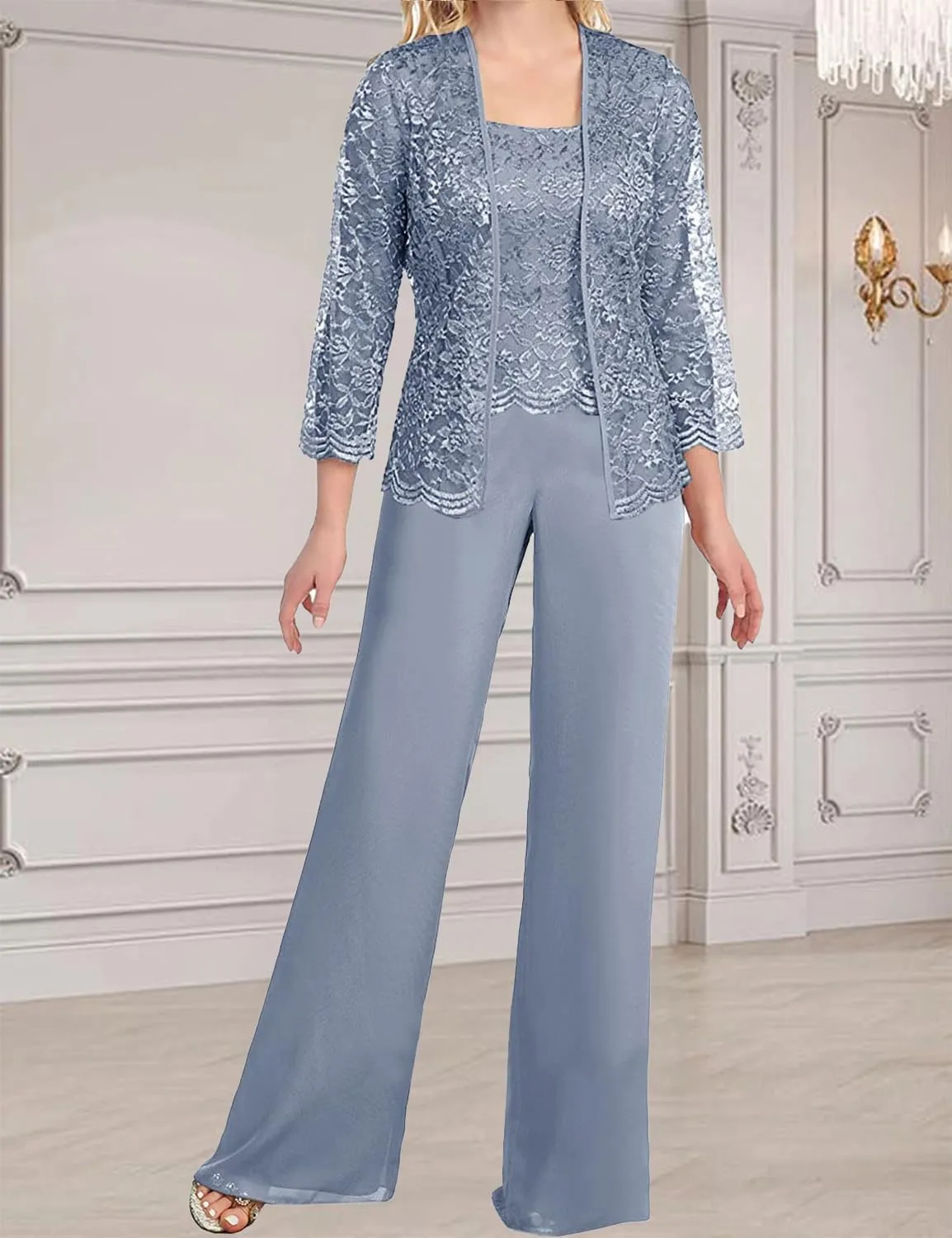 Women's Chiffon Lace Mother of The Bride Pants Suits 3 Pieces Evening Formal Dress Outfit Prom Wedding Party Gowns