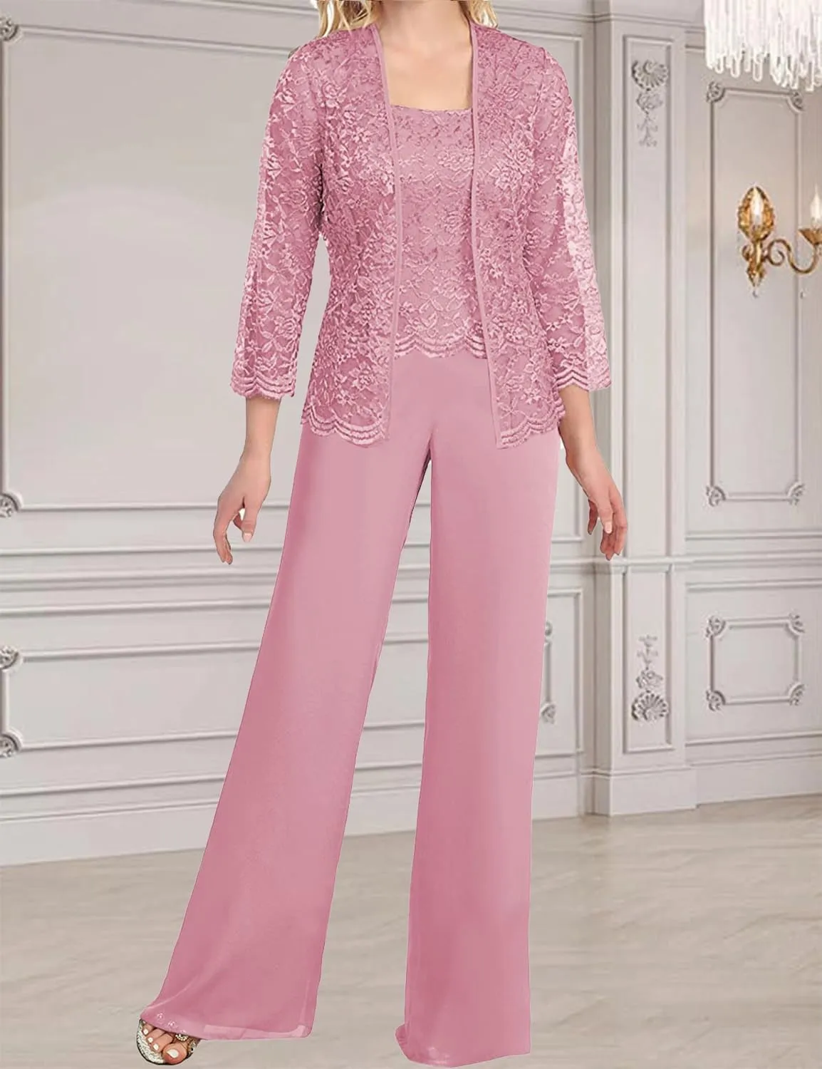 Women's Chiffon Lace Mother of The Bride Pants Suits 3 Pieces Evening Formal Dress Outfit Prom Wedding Party Gowns