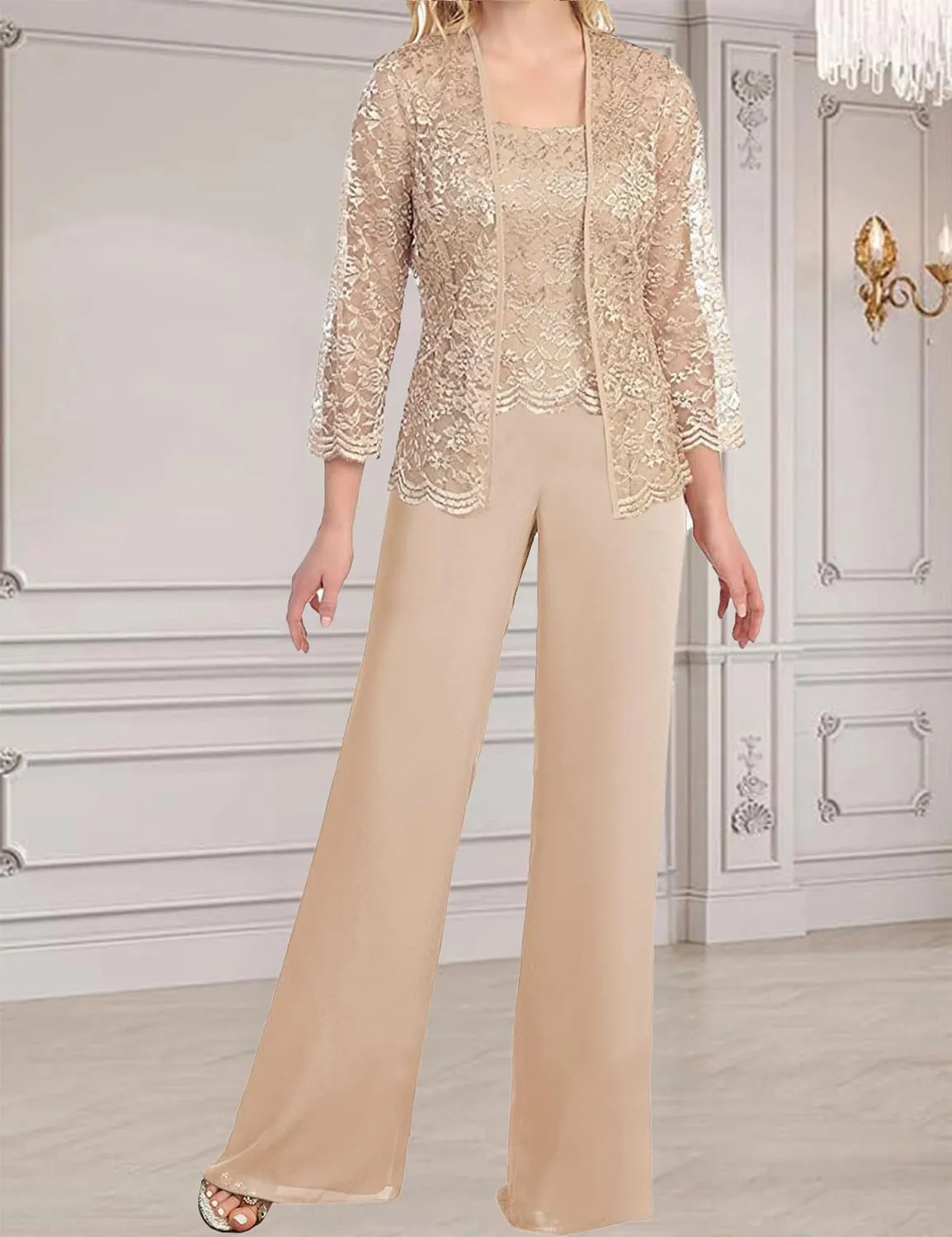 Women's Chiffon Lace Mother of The Bride Pants Suits 3 Pieces Evening Formal Dress Outfit Prom Wedding Party Gowns