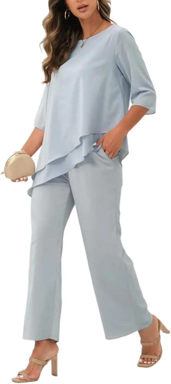Women's Chiffon Mother of The Bride Pant Suits 2 Piece Set with 1/2 Sleeves Mother of Bride Wear 2024