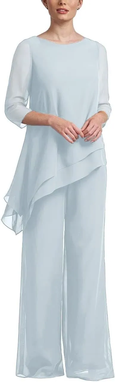 Women's Chiffon Mother of The Bride Pant Suits 2 Piece Set with 1/2 Sleeves Mother of Bride Wear 2024