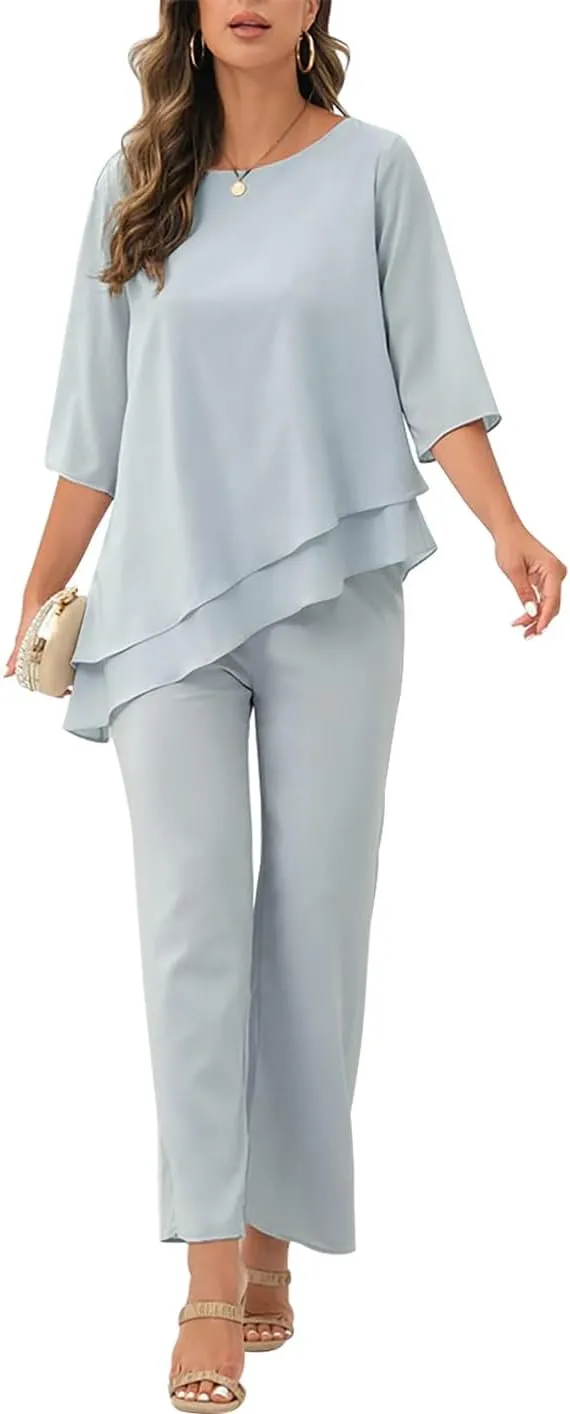Women's Chiffon Mother of The Bride Pant Suits 2 Piece Set with 1/2 Sleeves Mother of Bride Wear 2024