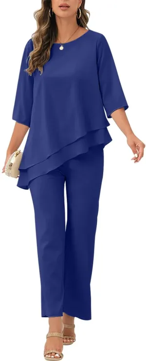 Women's Chiffon Mother of The Bride Pant Suits 2 Piece Set with 1/2 Sleeves Mother of Bride Wear 2024