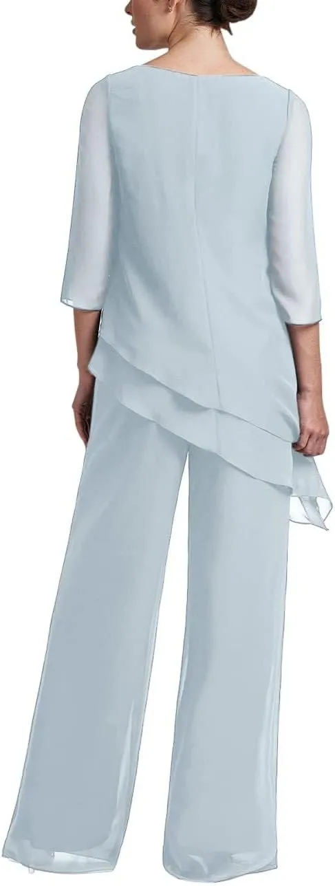 Women's Chiffon Mother of The Bride Pant Suits 2 Piece Set with 1/2 Sleeves Mother of Bride Wear 2024