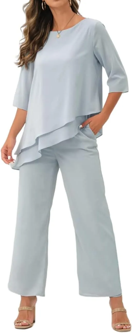 Women's Chiffon Mother of The Bride Pant Suits 2 Piece Set with 1/2 Sleeves Mother of Bride Wear 2024