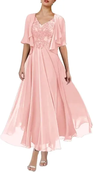 Womens Chiffon Tea Length Mother of The Bride Dresses with Jacket V Neck Formal Evening Gown with Pockets XMD2